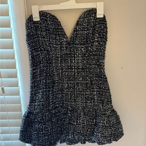 Black and white tweed sweetheart cut mini dress